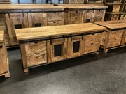 Industrieel Tv Dressoir 160cm Massief Mangohout Met 2 Loftdeuren En 4 Lades, Zwart Stalen Railbeslag, Earth Mango Collection