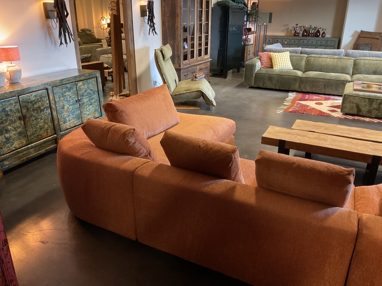 Loungebank Moni Eiland + 2 zits + Long Chaire in stof Morbi Terracotta